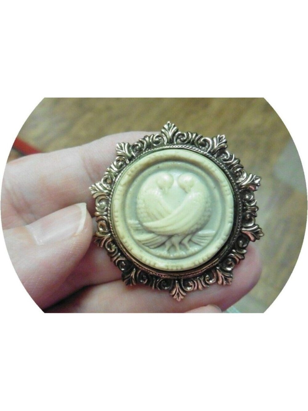Ivory Gray Tan Cameo Brooch Necklace with Sparkling Rhinestones - Vintage